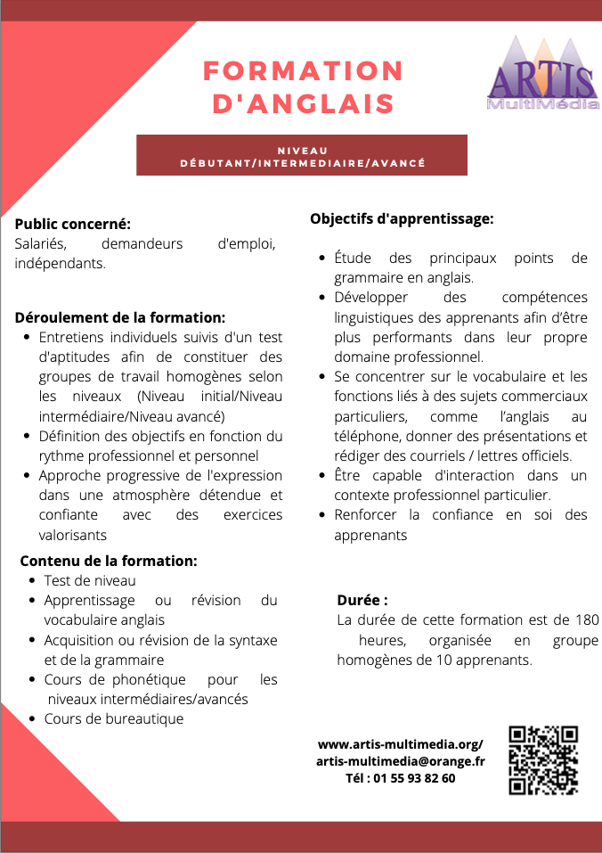 détails et modalités de la formation d'anglais